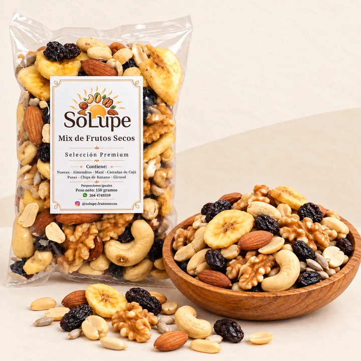 Mix de frutos secos SoLupe, presentado en bolsa y cuenco